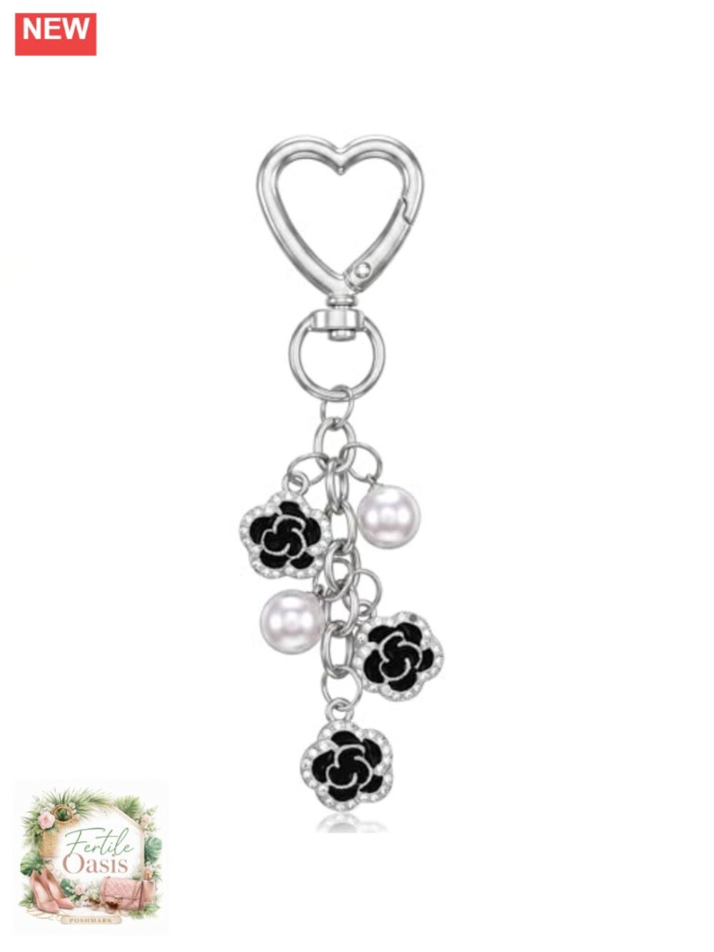 Y2K Heart Pearl Flower Charm Keychain for Purse Bag Handbag, Zinc Alloy